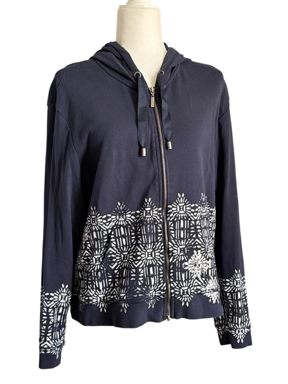 Chico’s Zenergy Navy Zip-Front Hoodie with White Pattern - Picture 11 of 11